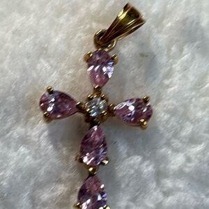 Vintage Sterling Silver Cross Pink Quartz Small Pendant